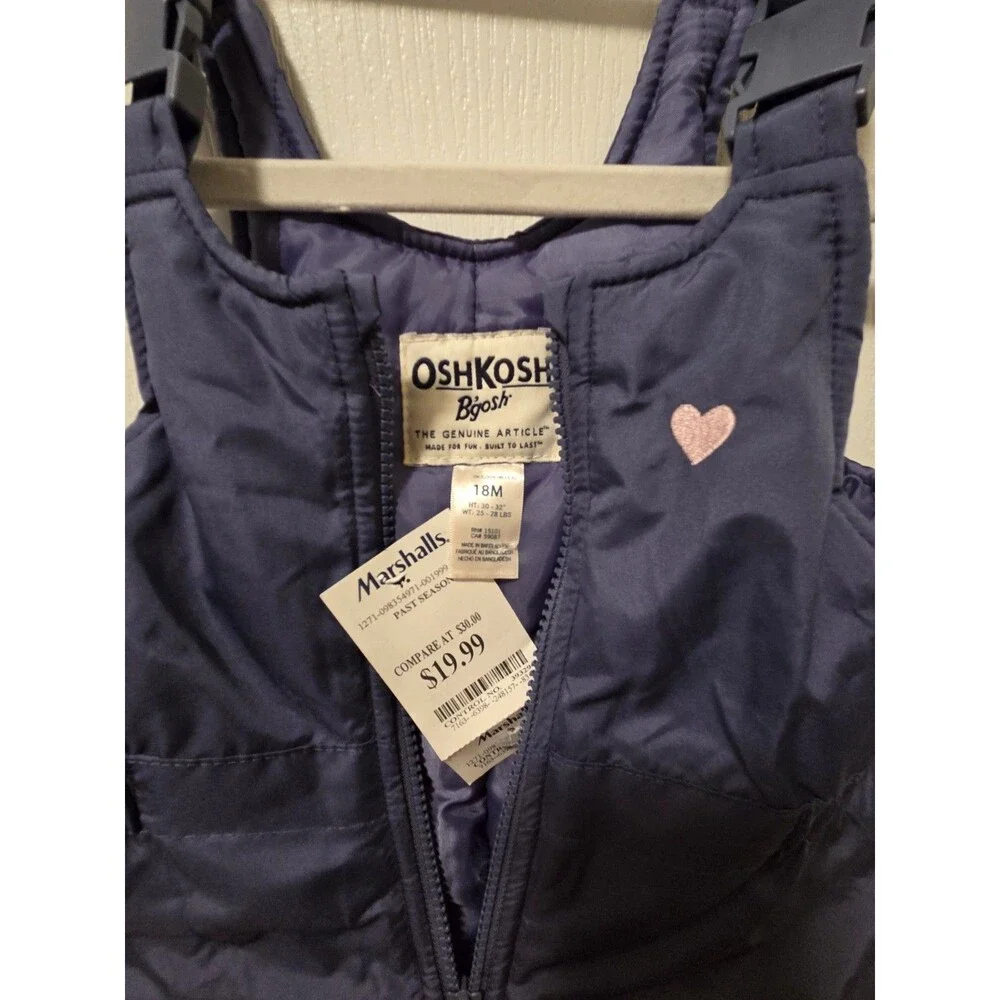 OshKosh B'gosh Girls Insulated Snow Bib Ski Pants, Blue Heart Patch -  Size 18M